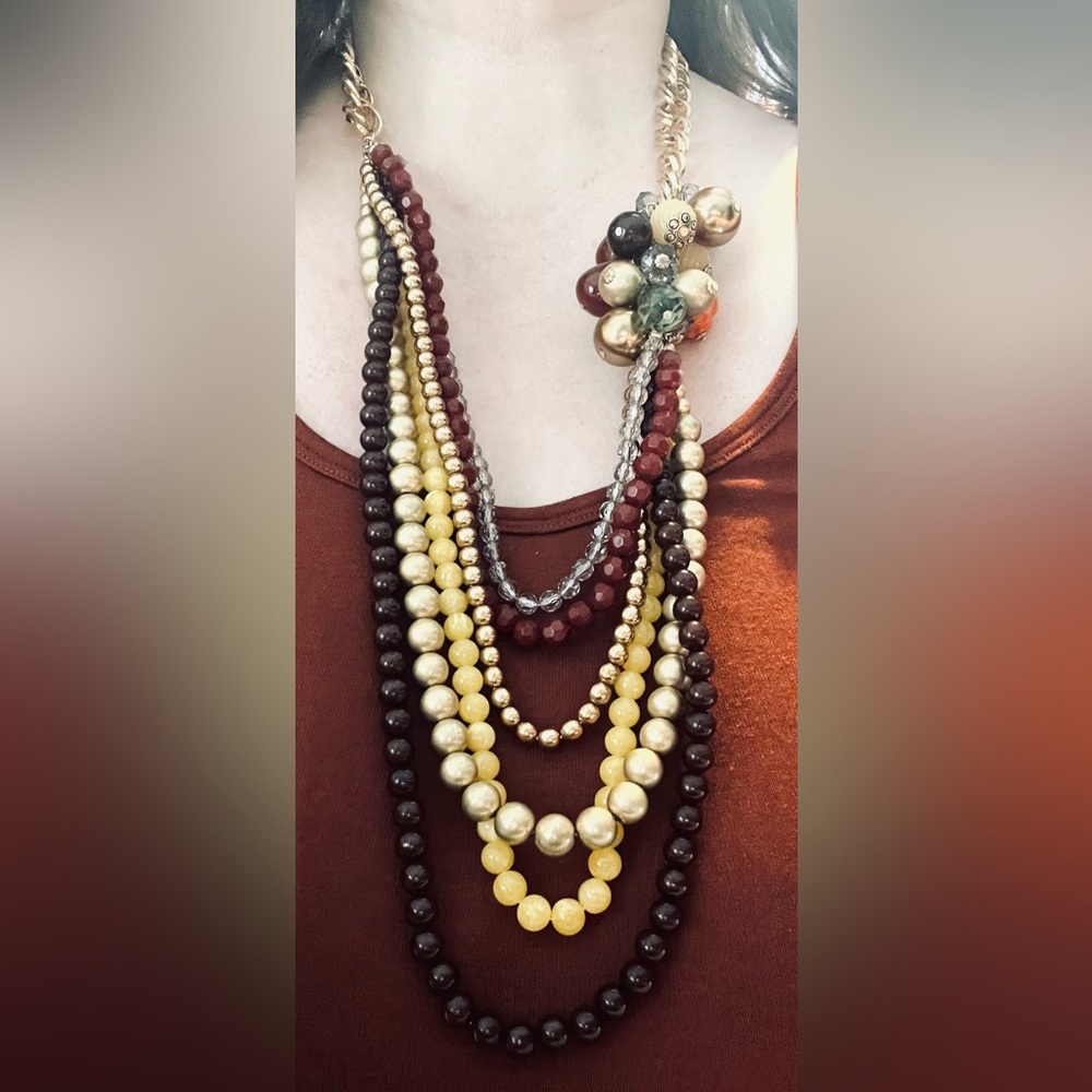 90s Vtg beaded / gold chain, multi strand necklace